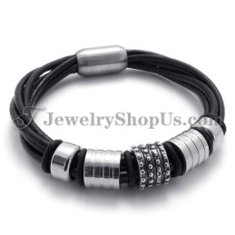Pulseira Elegante De Couro Preto Com Titânio