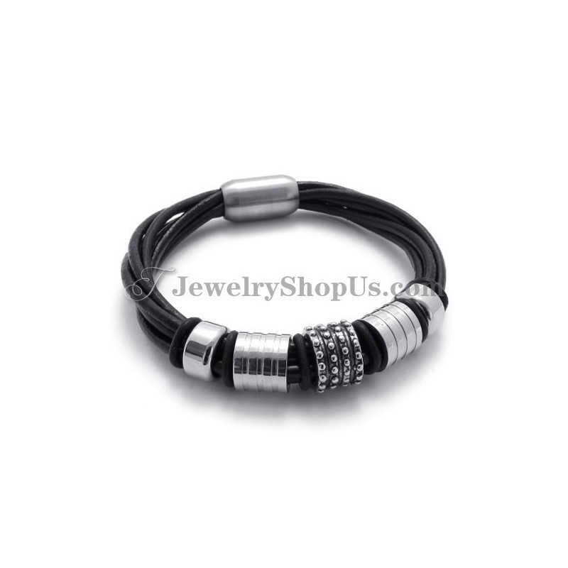 Pulseira Elegante De Couro Preto Com Titânio Pulseira Elegante De Couro Preto Com Titânio