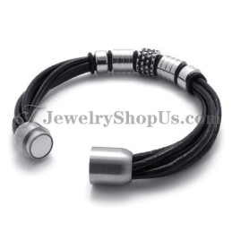 Pulseira Elegante De Couro Preto Com Titânio