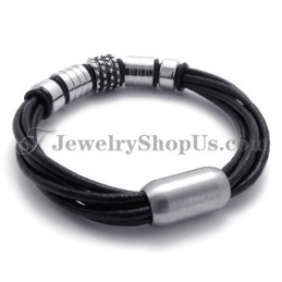 Pulseira Elegante De Couro Preto Com Titânio