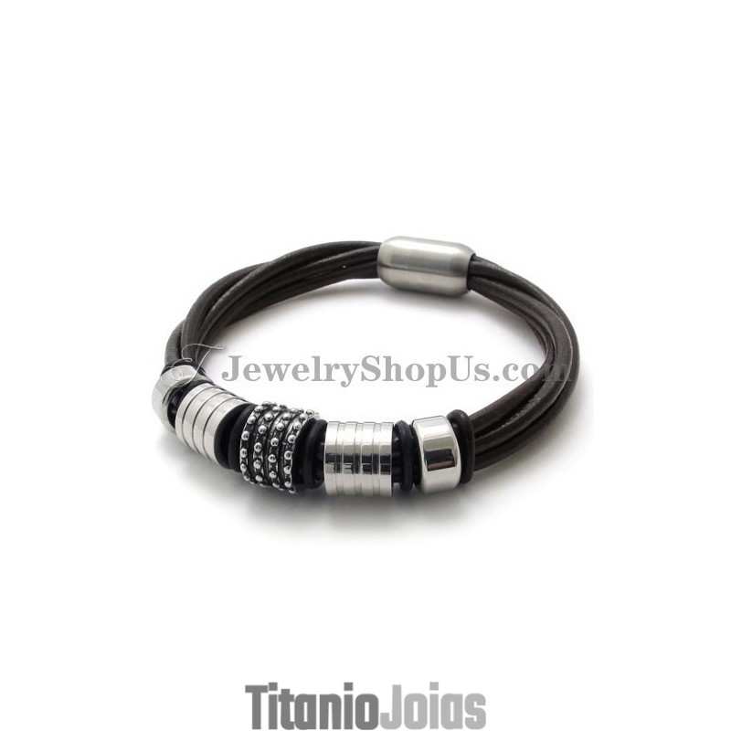 Pulseira Elegante De Couro Marrom Com Titânio Pulseira Elegante De Couro Marrom Com Titânio