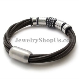 Pulseira Elegante De Couro Marrom Com Titânio