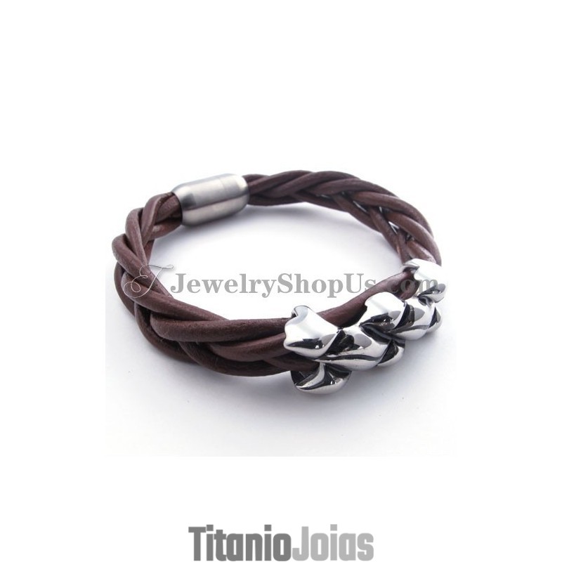 Pulseira Elegante De Couro De Titânio Marrom Pulseira Elegante De Couro De Titânio Marrom