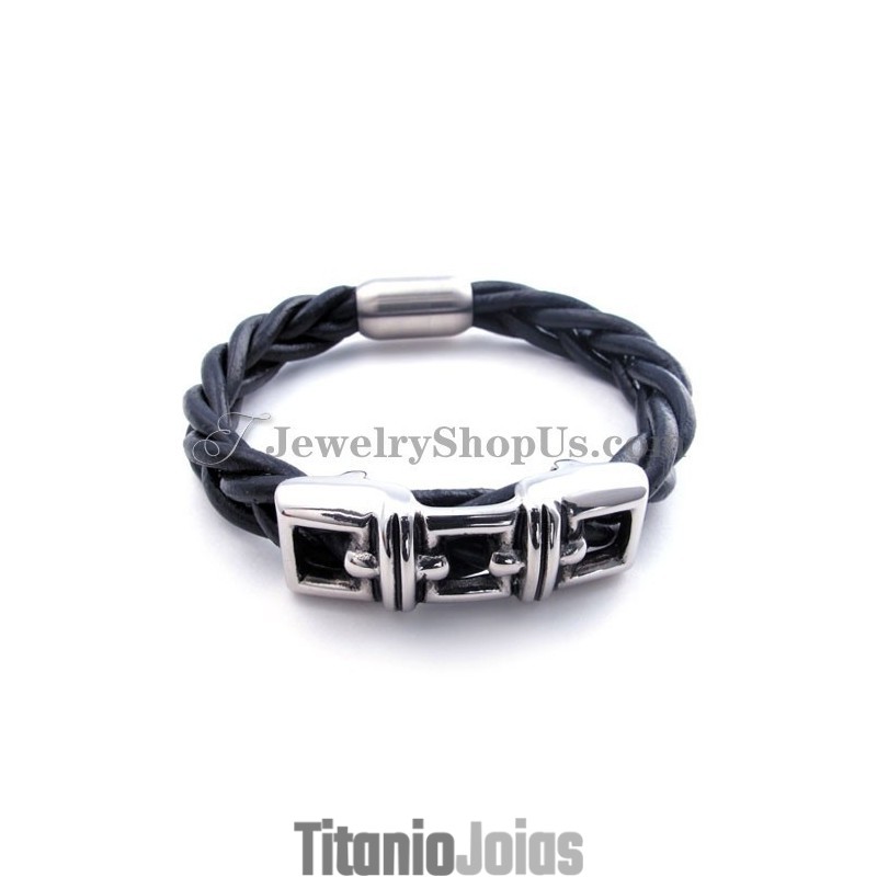 Pulseira Elegante De Couro De Titânio Preto Pulseira Elegante De Couro De Titânio Preto