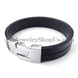 Pulseira Elegante De Couro Preto Com Titânio