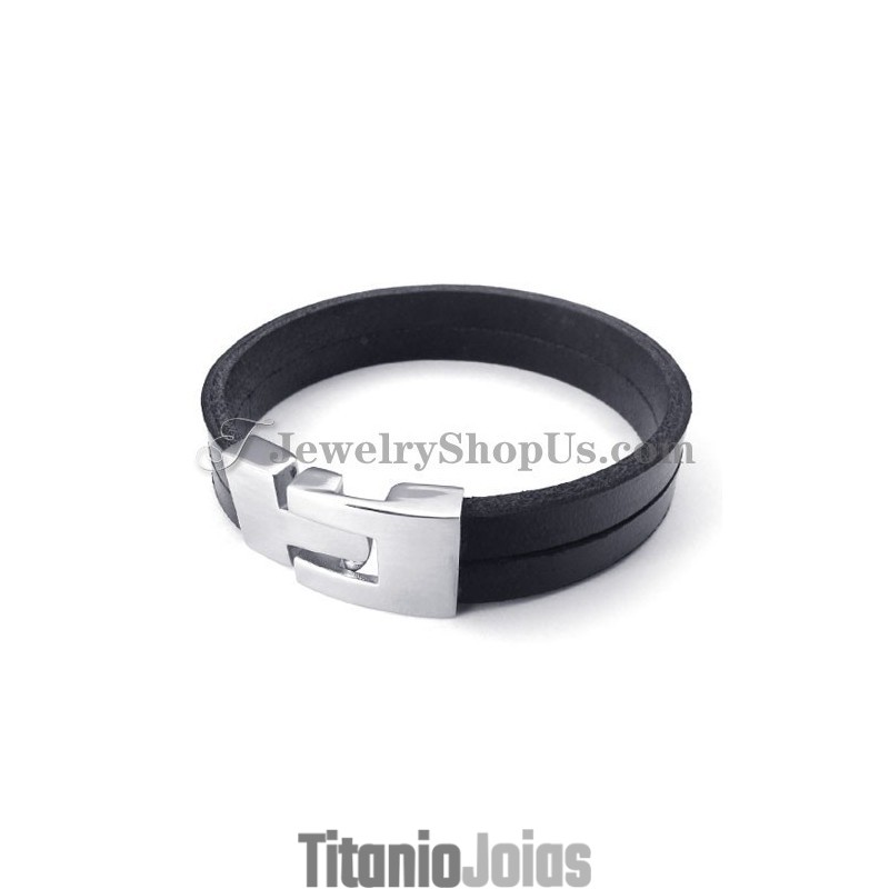 Pulseira Elegante De Couro Preto Com Titânio Pulseira Elegante De Couro Preto Com Titânio