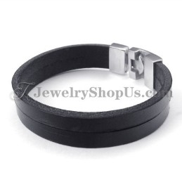 Pulseira Elegante De Couro Preto Com Titânio