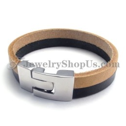 Pulseira Elegante De Couro Preto E Marrom Com Titânio