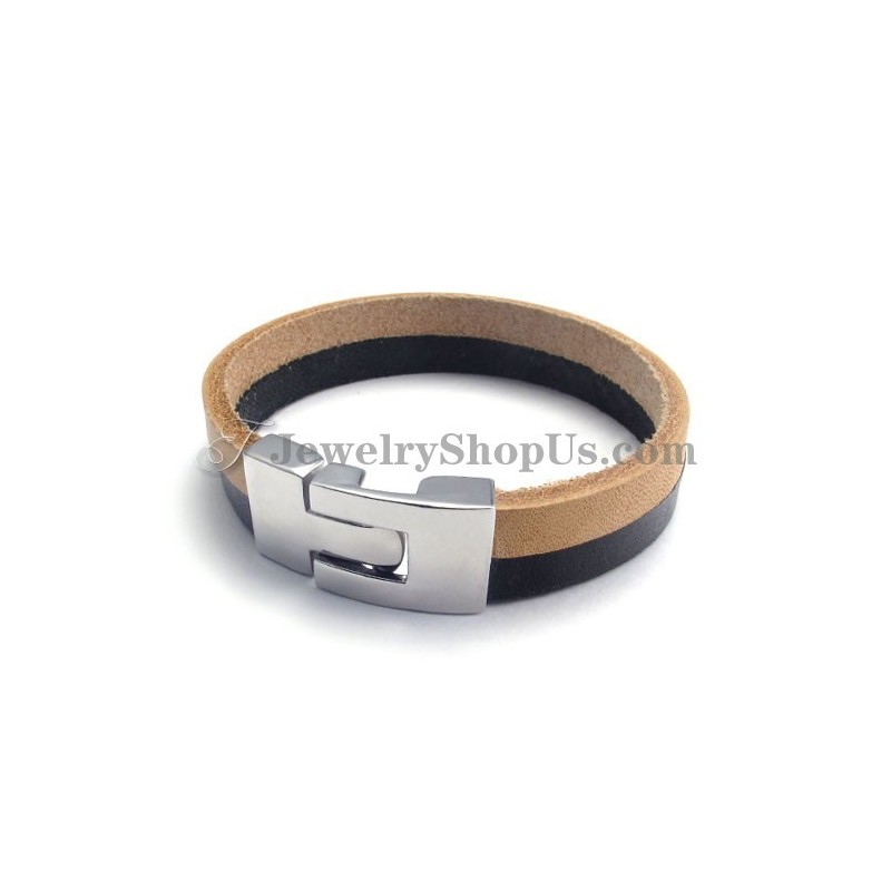 Pulseira Elegante De Couro Preto E Marrom Com Titânio Pulseira Elegante De Couro Preto E Marrom Com Titânio