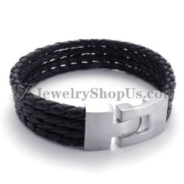Pulseira Elegante De Couro Preto E Titânio