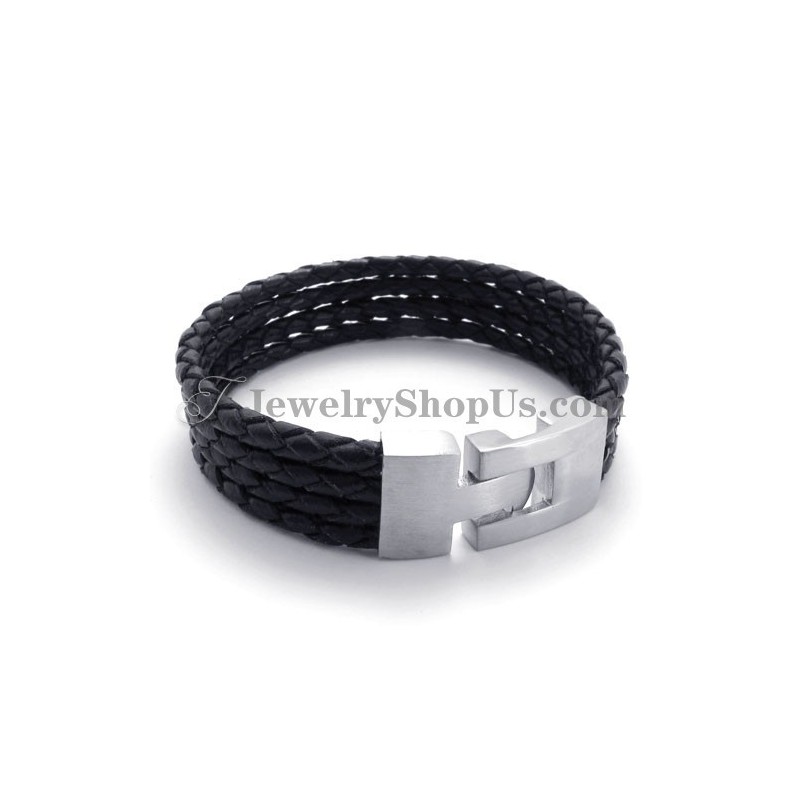 Pulseira Elegante De Couro Preto E Titânio Pulseira Elegante De Couro Preto E Titânio