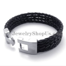 Pulseira Elegante De Couro Preto E Titânio