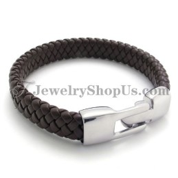 Pulseira Elegante De Titânio Marrom E Couro