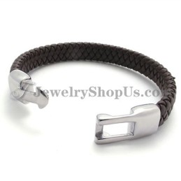 Pulseira Elegante De Titânio Marrom E Couro