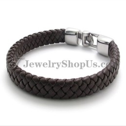 Pulseira Elegante De Titânio Marrom E Couro