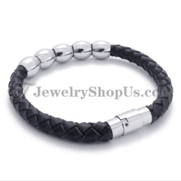 Pulseira De Couro Preto E Titânio