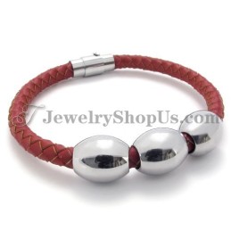Pulseira De Couro E Titânio Vermelho