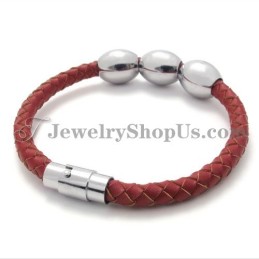 Pulseira De Couro E Titânio Vermelho