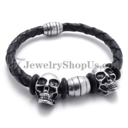 Pulseira Elegante De Couro Com Caveiras De Titânio