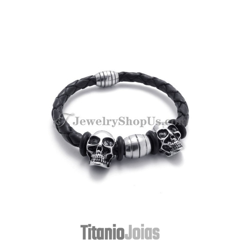 Pulseira Elegante De Couro Com Caveiras De Titânio Pulseira Elegante De Couro Com Caveiras De Titânio