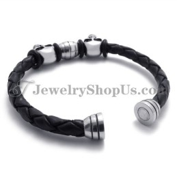 Pulseira Elegante De Couro Com Caveiras De Titânio