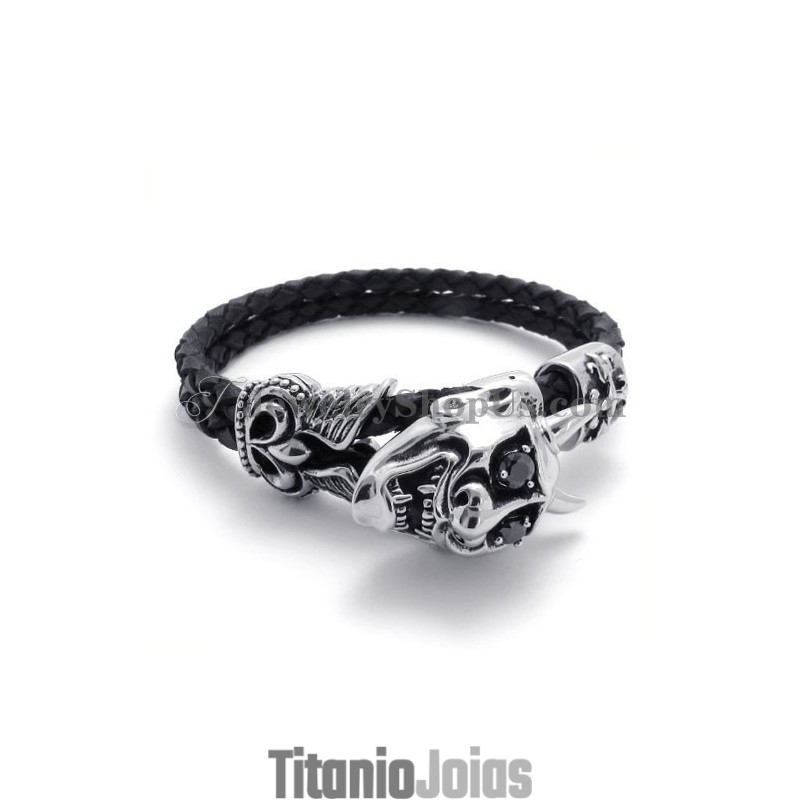 Pulseira De Couro Preto Com Titânio